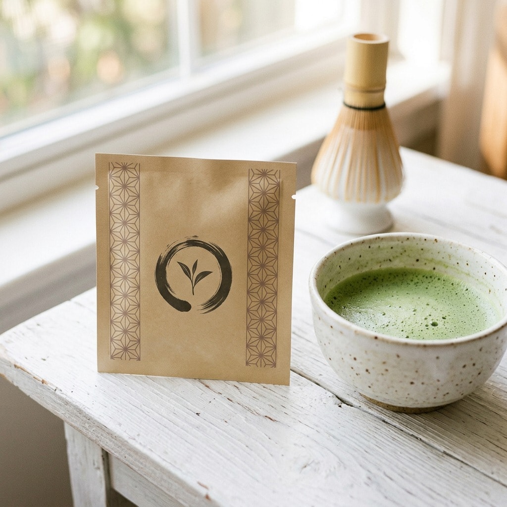 A kraft paper sachet with the RIKYU mark on a white table, next to a bowl of whisked matcha and a bamboo whisk
