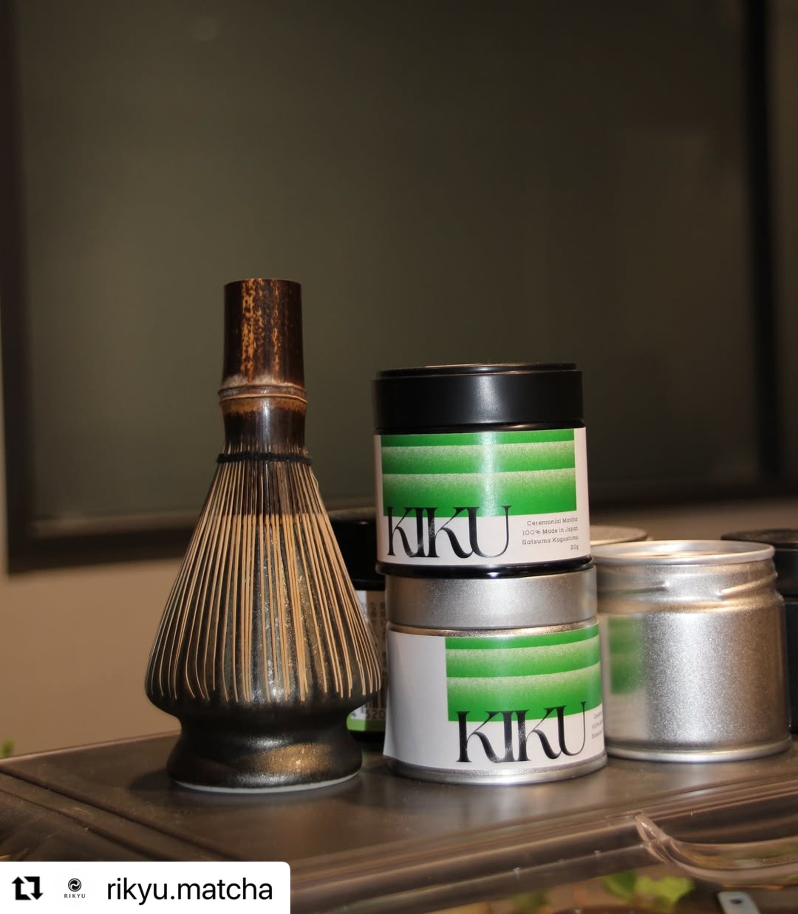 RIKYU matcha cans with a bamboo whisk