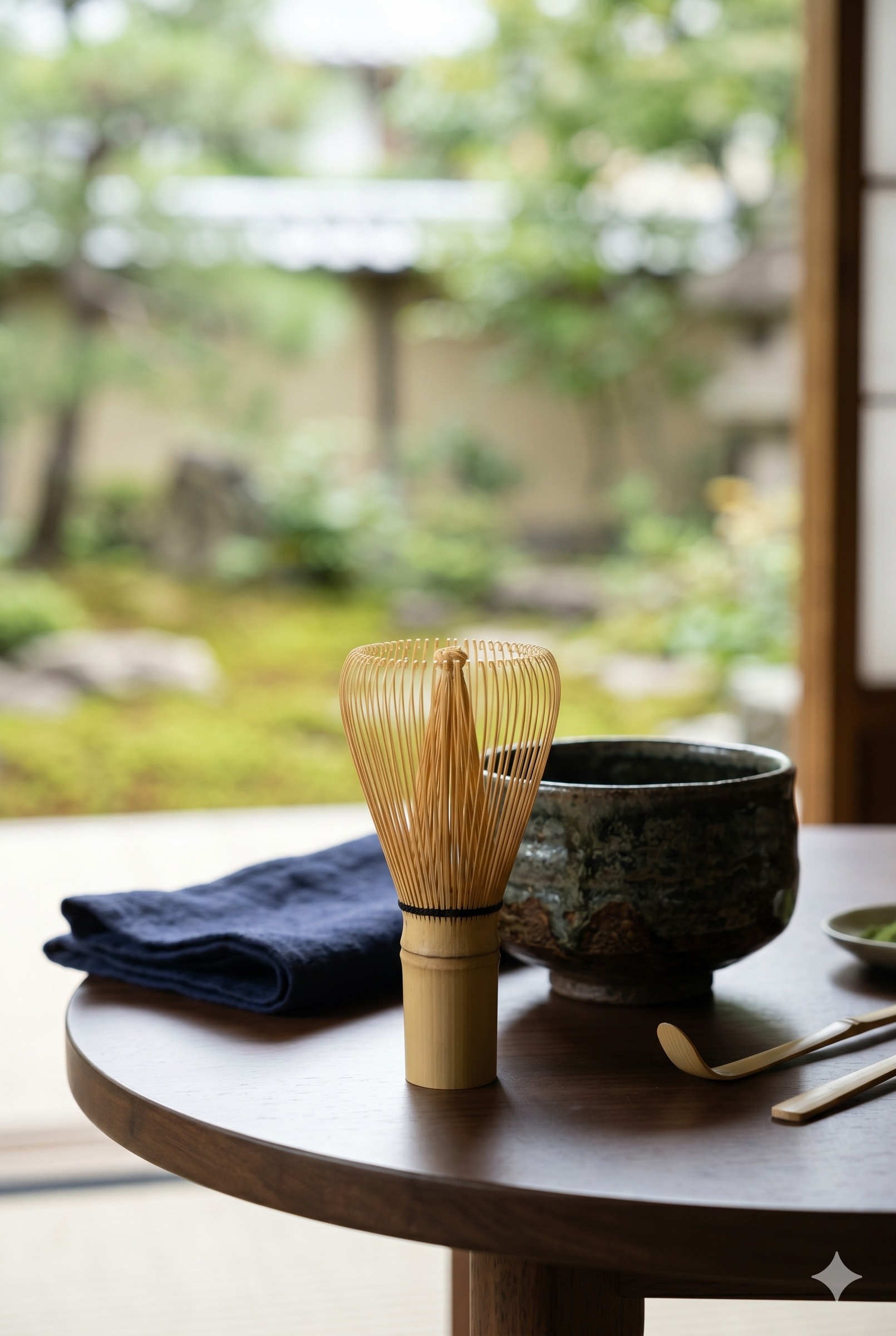 A bamboo whisk and a dark ceramic matcha bowl on a windowsill
